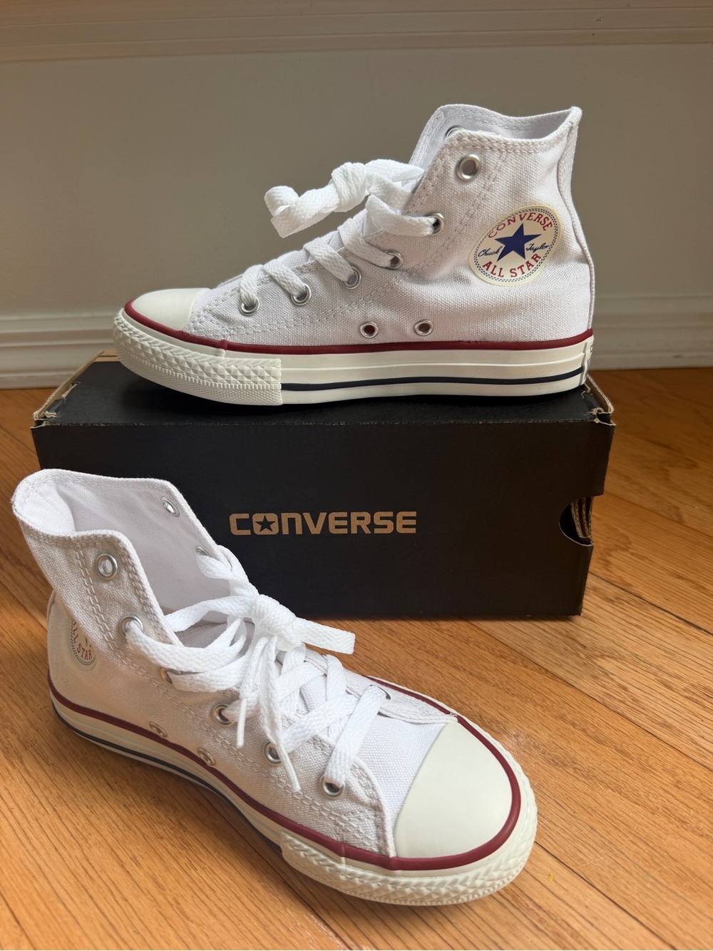 Converse Kids White High Top Sneakers with Red and Navy Stripes - Kids US 13.5